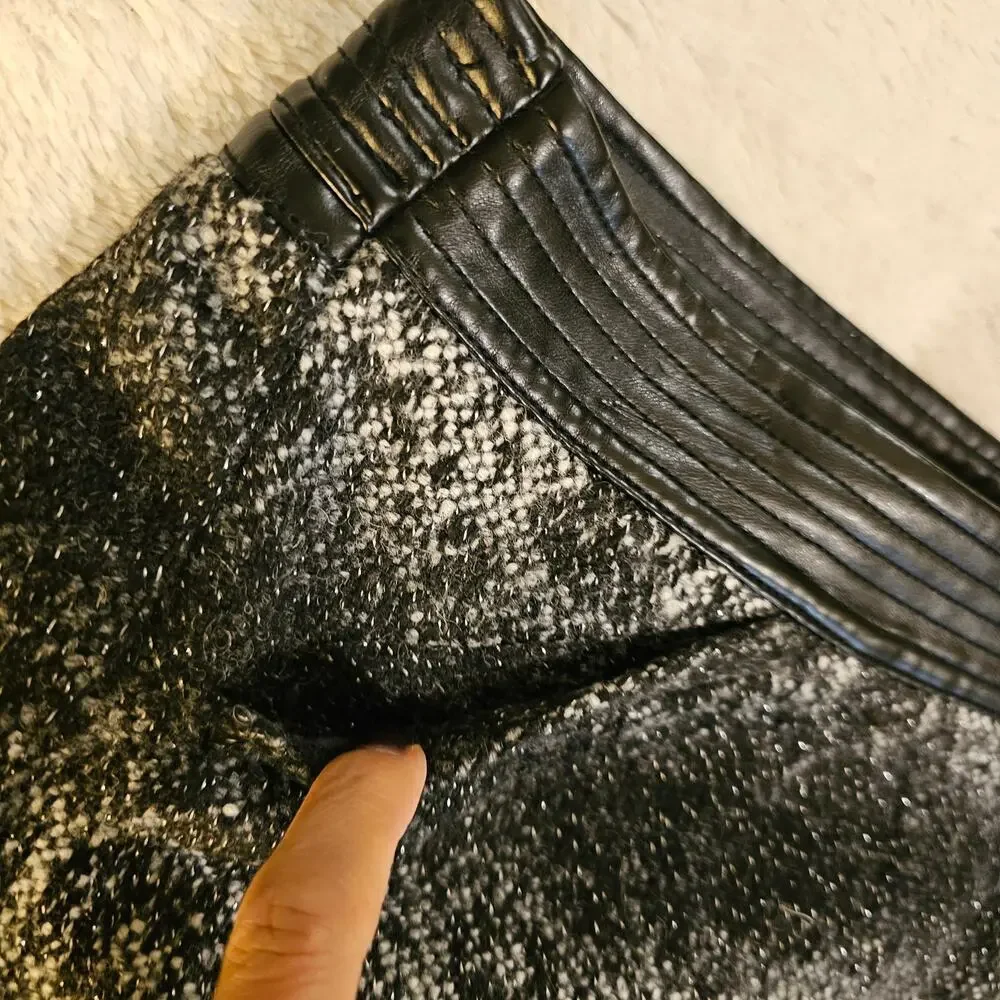 Karl Lagerfeld Sz6 Boucle Tweed Wool blend Lined‎ WrapGrayBlack Fauxleatherskirt